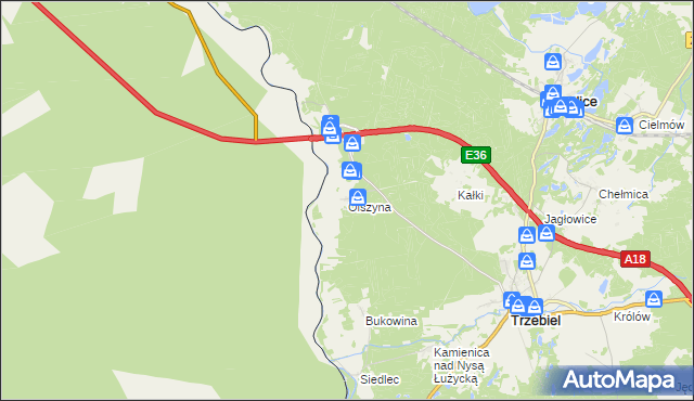 mapa Olszyna gmina Trzebiel, Olszyna gmina Trzebiel na mapie Targeo