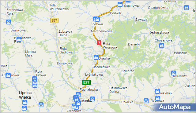 mapa Orawka gmina Jabłonka, Orawka gmina Jabłonka na mapie Targeo