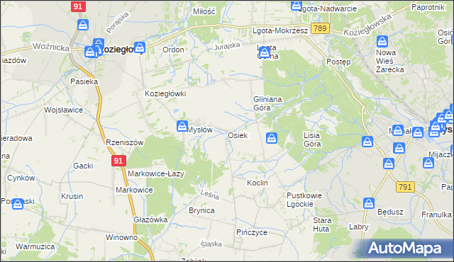 mapa Osiek gmina Koziegłowy, Osiek gmina Koziegłowy na mapie Targeo
