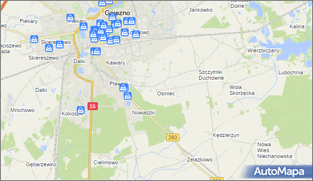 mapa Osiniec gmina Gniezno, Osiniec gmina Gniezno na mapie Targeo