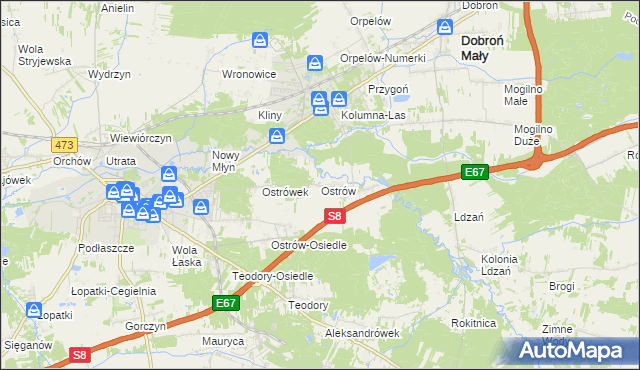 mapa Ostrów gmina Łask, Ostrów gmina Łask na mapie Targeo