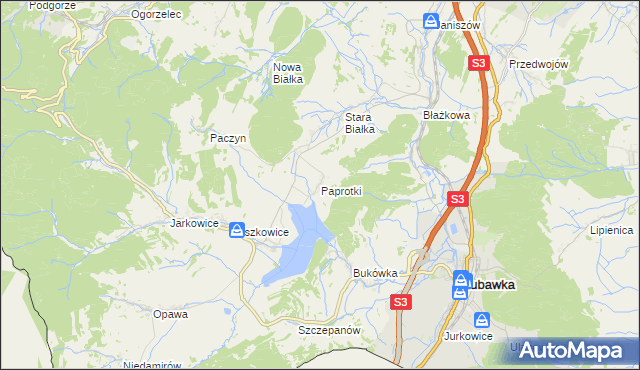 mapa Paprotki gmina Lubawka, Paprotki gmina Lubawka na mapie Targeo