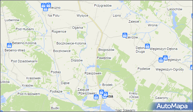 mapa Pawęzów gmina Oksa, Pawęzów gmina Oksa na mapie Targeo