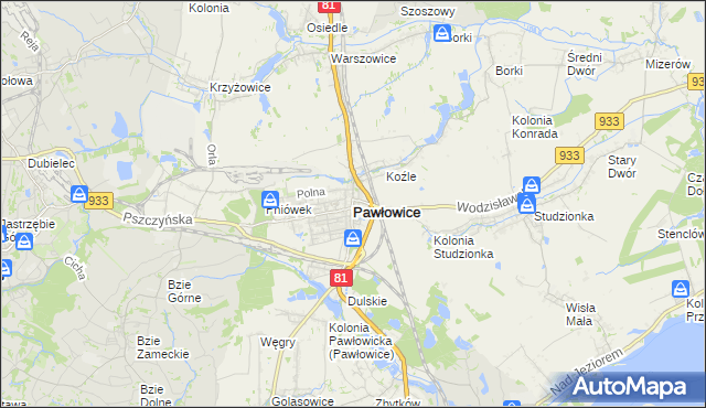 mapa Pawłowice powiat pszczyński, Pawłowice powiat pszczyński na mapie Targeo