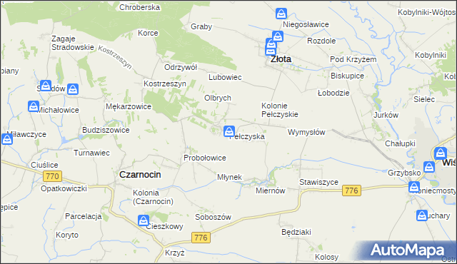 mapa Pełczyska gmina Złota, Pełczyska gmina Złota na mapie Targeo