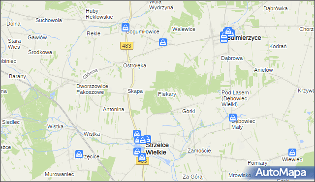 mapa Piekary gmina Strzelce Wielkie, Piekary gmina Strzelce Wielkie na mapie Targeo