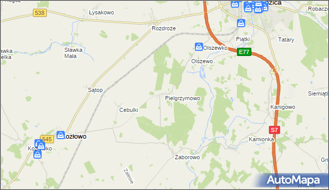 mapa Pielgrzymowo gmina Kozłowo, Pielgrzymowo gmina Kozłowo na mapie Targeo