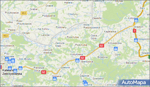 mapa Podchybie gmina Lanckorona, Podchybie gmina Lanckorona na mapie Targeo