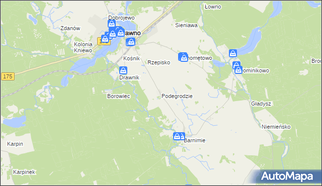 mapa Podegrodzie gmina Drawno, Podegrodzie gmina Drawno na mapie Targeo