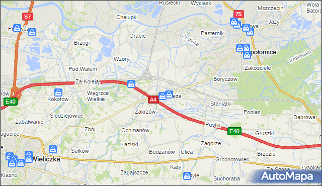 mapa Podłęże gmina Niepołomice, Podłęże gmina Niepołomice na mapie Targeo