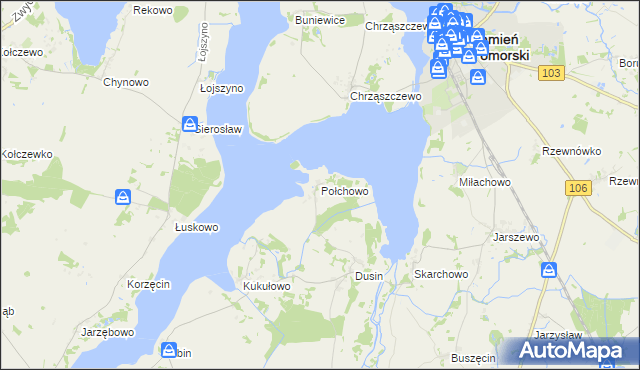 mapa Połchowo gmina Kamień Pomorski, Połchowo gmina Kamień Pomorski na mapie Targeo