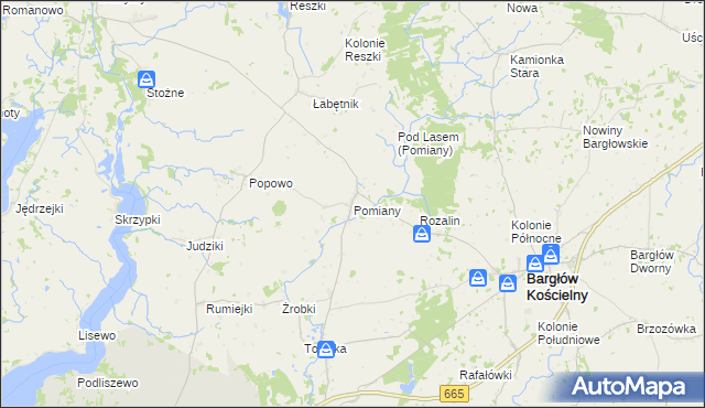 mapa Pomiany gmina Bargłów Kościelny, Pomiany gmina Bargłów Kościelny na mapie Targeo