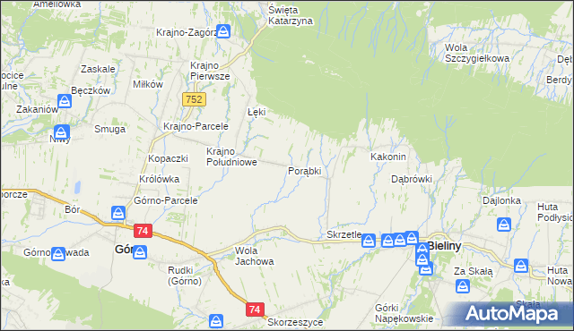 mapa Porąbki gmina Bieliny, Porąbki gmina Bieliny na mapie Targeo