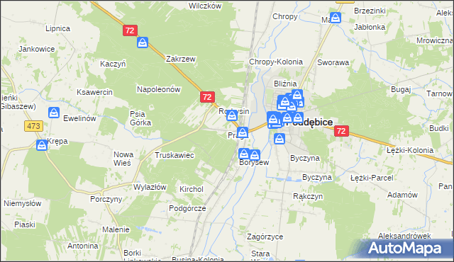 mapa Praga gmina Poddębice, Praga gmina Poddębice na mapie Targeo