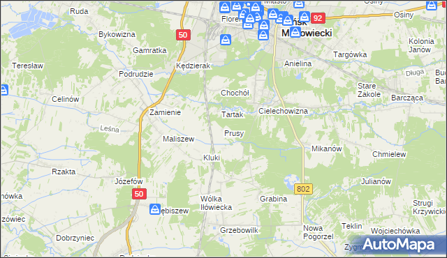 mapa Prusy gmina Mińsk Mazowiecki, Prusy gmina Mińsk Mazowiecki na mapie Targeo