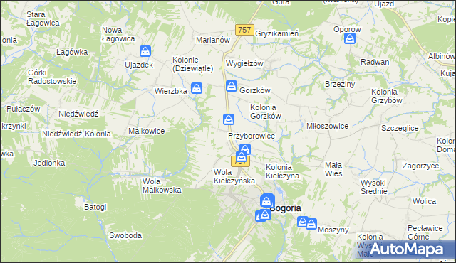 mapa Przyborowice gmina Bogoria, Przyborowice gmina Bogoria na mapie Targeo