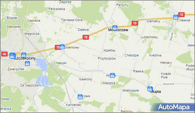 mapa Przybyszów gmina Moskorzew, Przybyszów gmina Moskorzew na mapie Targeo