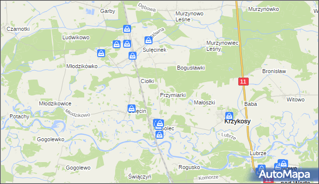 mapa Przymiarki gmina Krzykosy, Przymiarki gmina Krzykosy na mapie Targeo