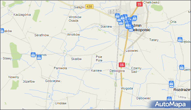 mapa Psie Pole gmina Koźmin Wielkopolski, Psie Pole gmina Koźmin Wielkopolski na mapie Targeo