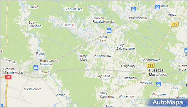 mapa Radziwiłłów gmina Puszcza Mariańska, Radziwiłłów gmina Puszcza Mariańska na mapie Targeo