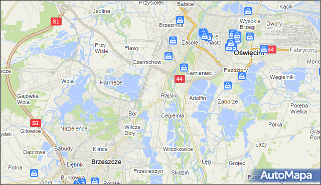 mapa Rajsko gmina Oświęcim, Rajsko gmina Oświęcim na mapie Targeo