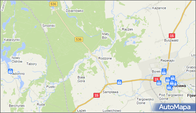 mapa Rodzone gmina Lubawa, Rodzone gmina Lubawa na mapie Targeo