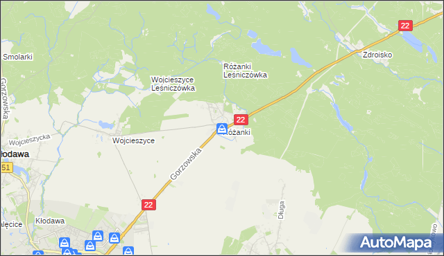 mapa Różanki gmina Kłodawa, Różanki gmina Kłodawa na mapie Targeo
