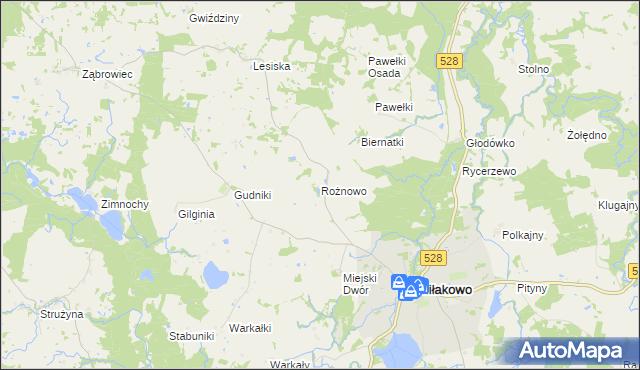mapa Rożnowo gmina Miłakowo, Rożnowo gmina Miłakowo na mapie Targeo