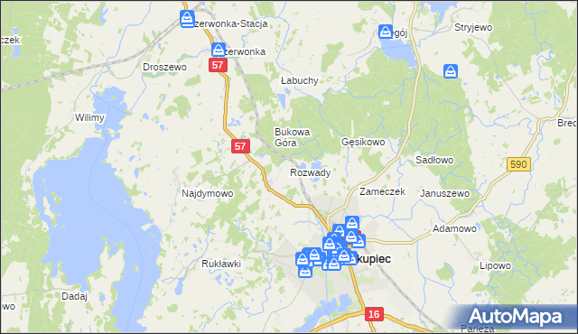 mapa Rozwady gmina Biskupiec, Rozwady gmina Biskupiec na mapie Targeo