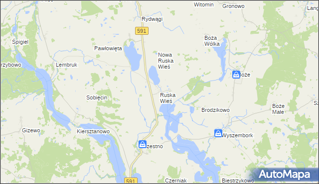 mapa Ruska Wieś gmina Mrągowo, Ruska Wieś gmina Mrągowo na mapie Targeo