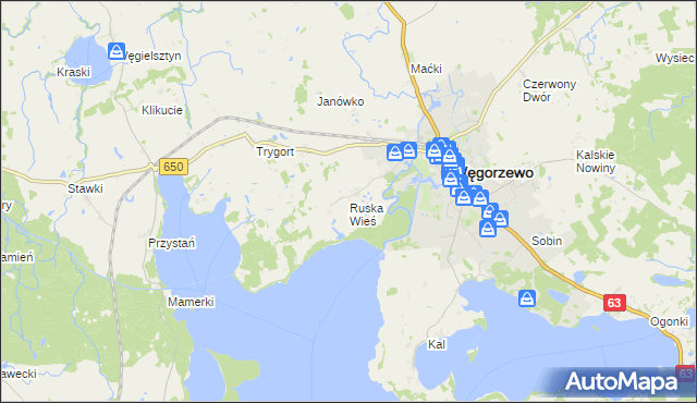 mapa Ruska Wieś gmina Węgorzewo, Ruska Wieś gmina Węgorzewo na mapie Targeo