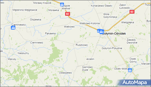 mapa Ruszkowo gmina Gołymin-Ośrodek, Ruszkowo gmina Gołymin-Ośrodek na mapie Targeo