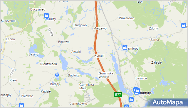 mapa Rybaki gmina Małdyty, Rybaki gmina Małdyty na mapie Targeo