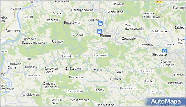 mapa Rychwałd gmina Pleśna, Rychwałd gmina Pleśna na mapie Targeo