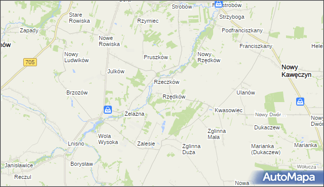 mapa Rzędków gmina Nowy Kawęczyn, Rzędków gmina Nowy Kawęczyn na mapie Targeo