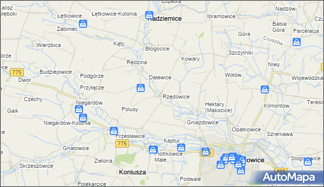 mapa Rzędowice gmina Koniusza, Rzędowice gmina Koniusza na mapie Targeo