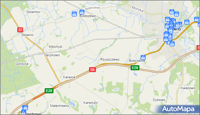 mapa Rzyszczewo gmina Sławno, Rzyszczewo gmina Sławno na mapie Targeo