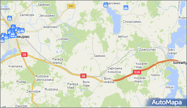 mapa Sadowo gmina Biskupiec, Sadowo gmina Biskupiec na mapie Targeo