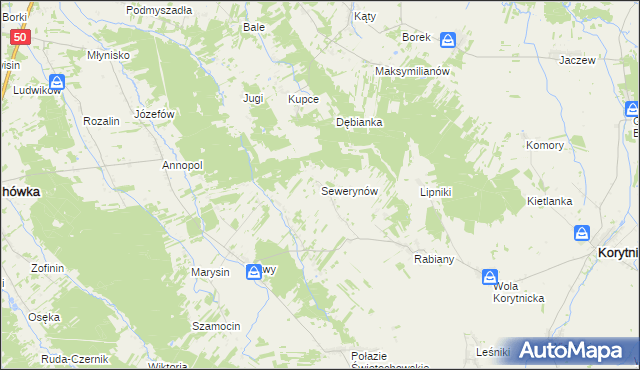 mapa Sewerynów gmina Korytnica, Sewerynów gmina Korytnica na mapie Targeo