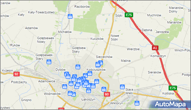 mapa Sieciechów gmina Kutno, Sieciechów gmina Kutno na mapie Targeo