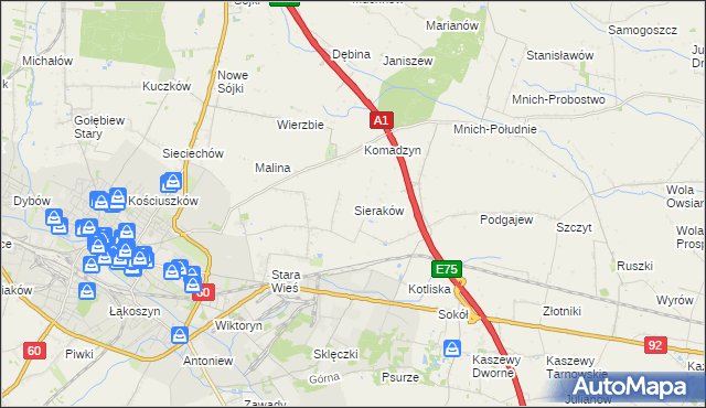 mapa Sieraków gmina Kutno, Sieraków gmina Kutno na mapie Targeo