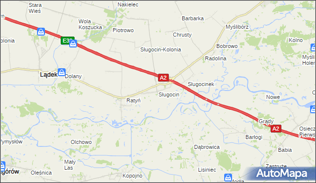 mapa Sługocin gmina Lądek, Sługocin gmina Lądek na mapie Targeo