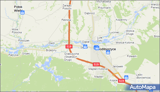 mapa Słupie gmina Modliborzyce, Słupie gmina Modliborzyce na mapie Targeo