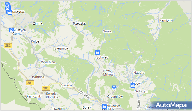 mapa Sokolec gmina Nowa Ruda, Sokolec gmina Nowa Ruda na mapie Targeo