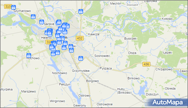 mapa Sosnowiec gmina Śrem, Sosnowiec gmina Śrem na mapie Targeo