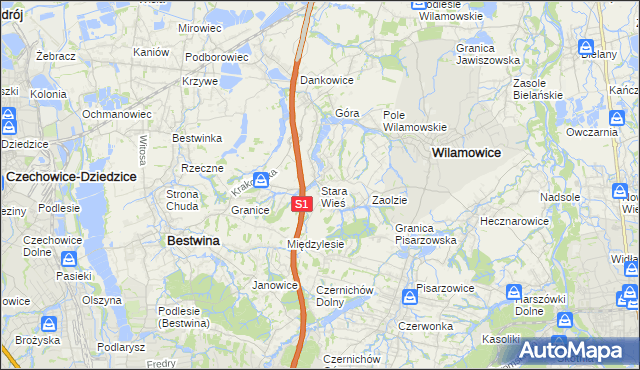 mapa Stara Wieś gmina Wilamowice, Stara Wieś gmina Wilamowice na mapie Targeo