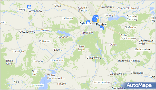 mapa Stary Młyn gmina Przytyk, Stary Młyn gmina Przytyk na mapie Targeo