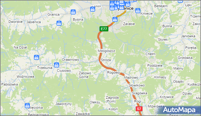 mapa Stróża gmina Pcim, Stróża gmina Pcim na mapie Targeo