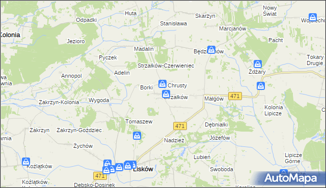 mapa Strzałków gmina Lisków, Strzałków gmina Lisków na mapie Targeo