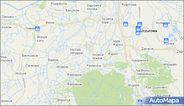 mapa Strzelce Wielkie gmina Szczurowa, Strzelce Wielkie gmina Szczurowa na mapie Targeo